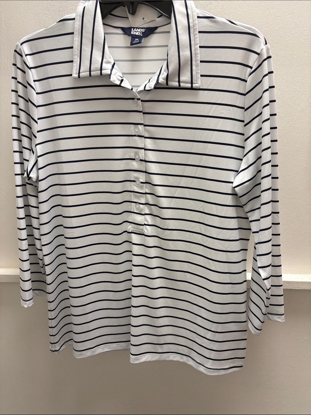 Lands' End White and Navy Striped Long-Sleeve Polo Shirt